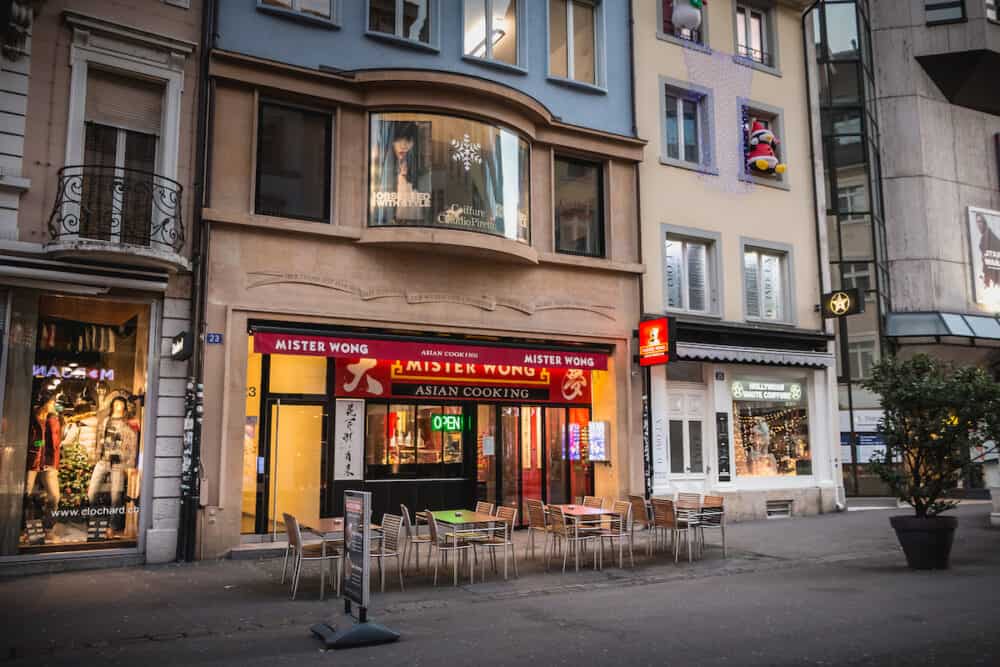 Basel, Switzerland -  an Asian restaurant in the pedestrian shopping street of Steinenvorstadt on a winter day