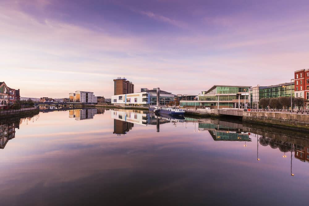 Belfast architecture along River Lagan. Belfast Northern Ireland United Kingdom.
