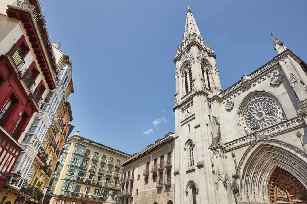 Bilbao old town with cathedral and traditional colorful buildings. Spain