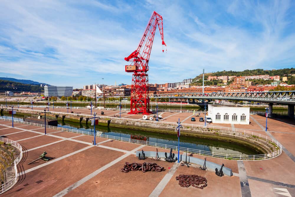 Red crane in the centre of Bilbao city, Basque Country in northern Spain