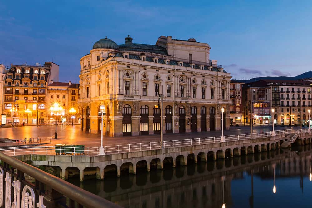 BILBAO, BASQUE COUNTRY SPAIN The Arriaga Theater by night.