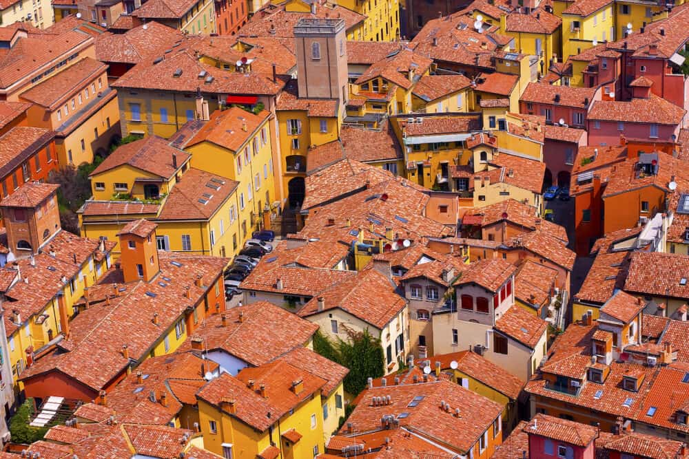 Colourful tiled houses in an European city.