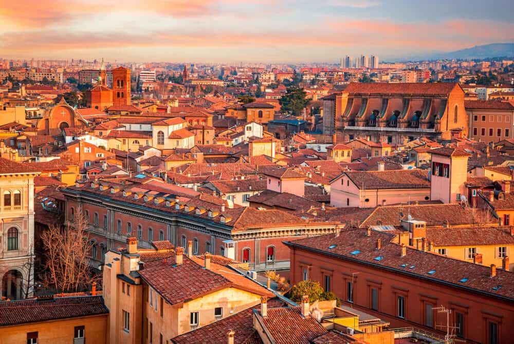 Bologna, Italy - Sunset light skyline of medieval downtown of Emilia-Romagna famous city.