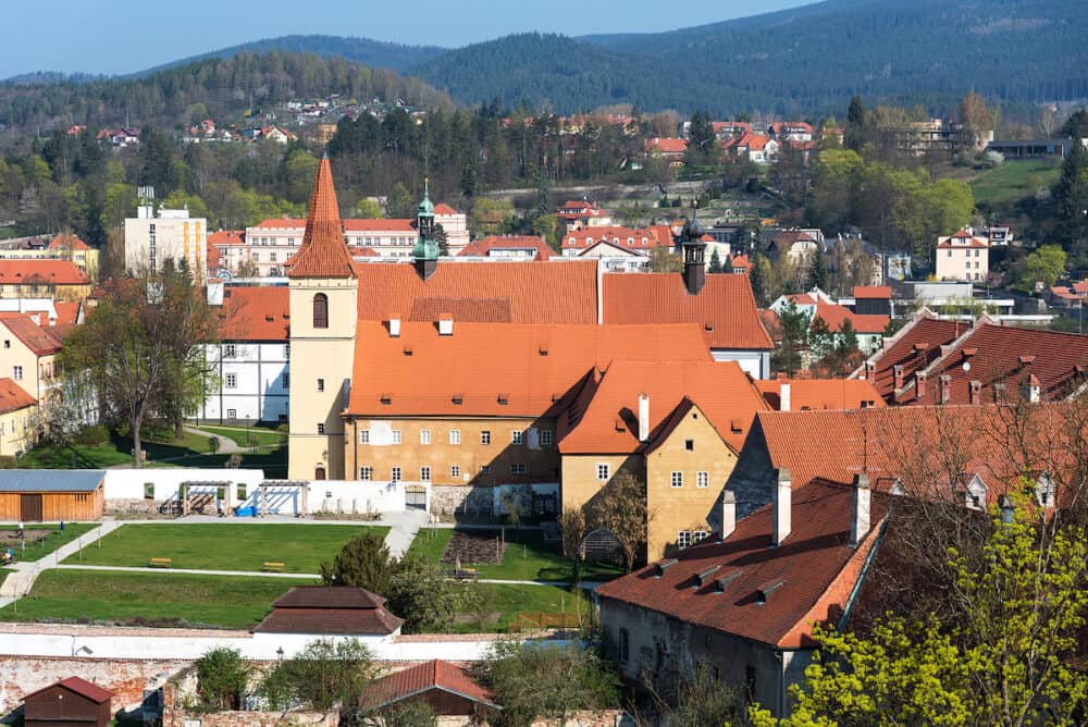 Beautiful panoramic view of The Monastery of the Minorites, now called the Monastery of the Red Cross Knights in Cesky Krumlov, Czech Republic.