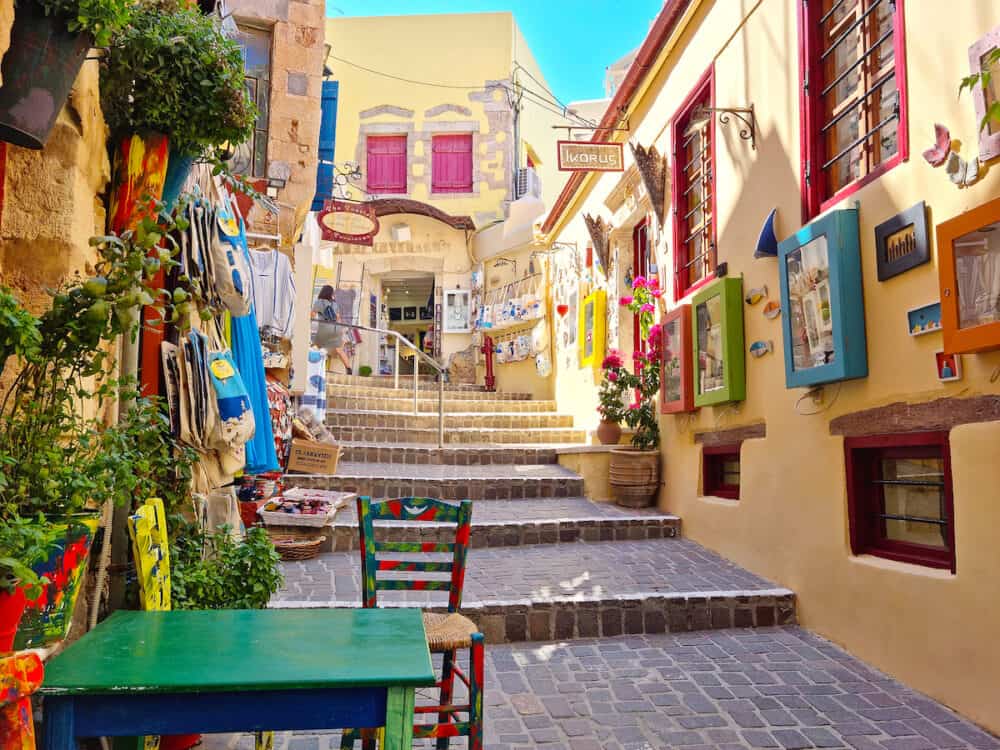  Chania, Crete, Greece: Colorful buildings in the city center. The central part of the old town is named Kasteli and has been inhabited since Neolithic times.
