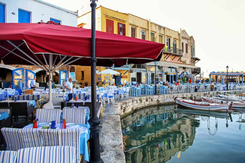 RETHYMNO, GREECE - Tavernas and restaurants in old town in city Rethymno in Crete island at Greece