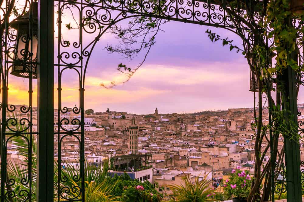 Magical sunset window in Fez Morocco, panoramic view