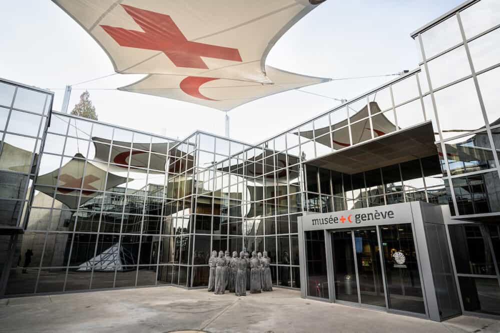 Geneva Switzerland - Entrance of International Museum of the Red Cross and Red Crescent in Geneva Switzerland with logo