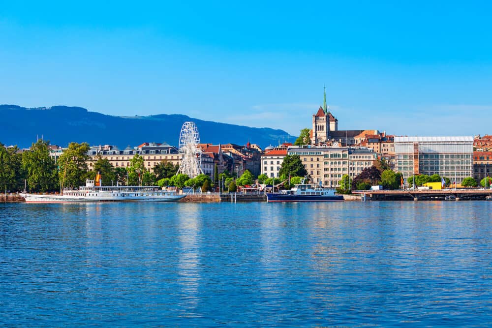 Geneva city panoramic view. Geneva or Geneve is the second most populous city in Switzerland, located on Lake Geneva.