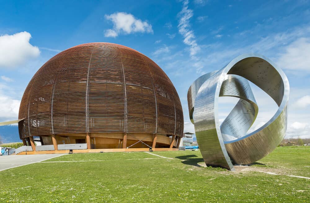 GENEVA, SWITZERLAND, The Globe of Science and  Innovation and the 15-tonne steel sculpture in CERN. The sculpture was designed by Canadian artist Gayle Hermick