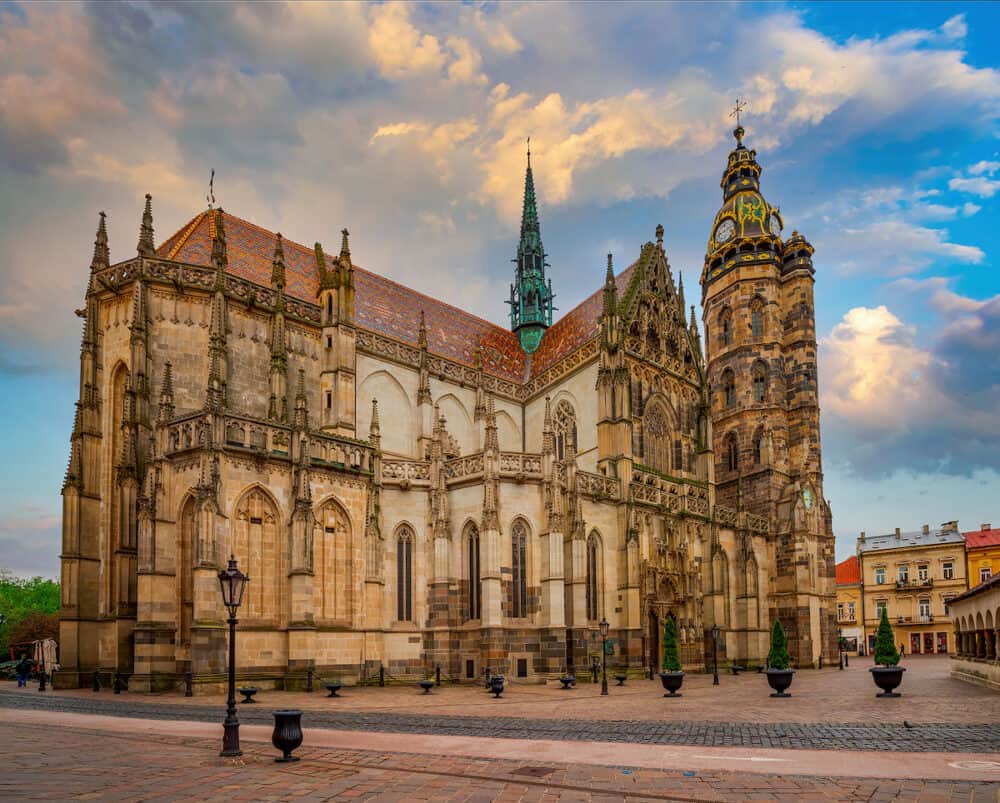 Scenic view of St. Elisabeth cathedral in the main square of Kosice city, Slovakia. St. Elisabeth cathedral is a Slovakia's largest church and one of the easternmost Gothic cathedrals in Europe