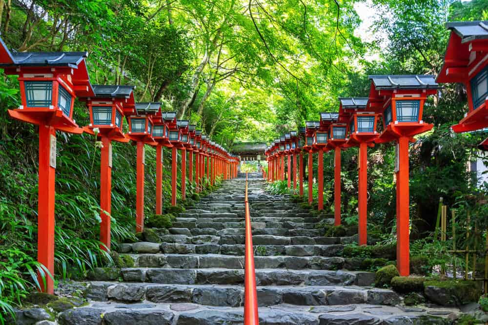 The red traditional light pole at Kifune shrine, Kyoto in Japan.