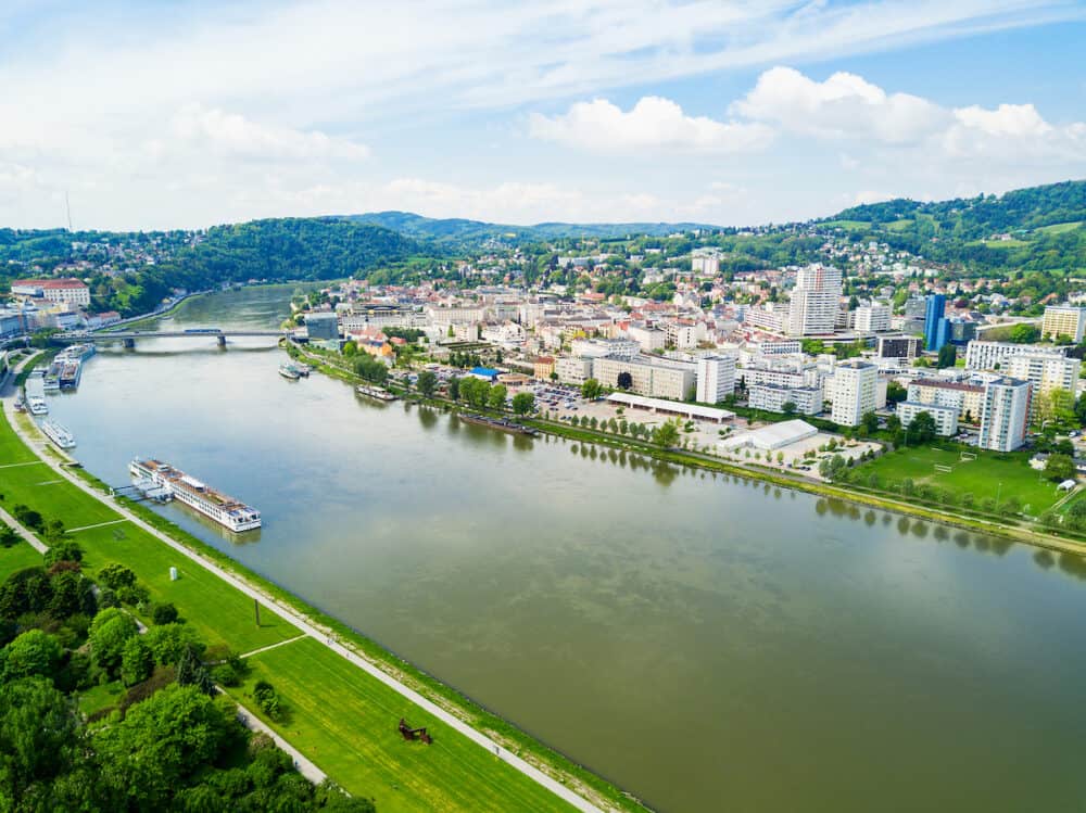 Linz city centre and Danube river aerial panoramic view in Austria. Linz is the third largest city of Austria.