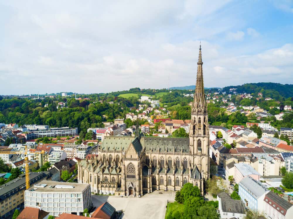 New Cathedral or Cathedral of the Immaculate Conception or St. Mary Church aerial panoramic view. It is a Roman Catholic cathedral located in Linz Austria.