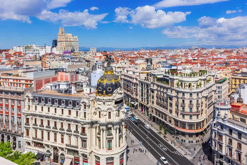 Madrid, Spain. Aerial view of Gran Via, main shopping street in Madrid.