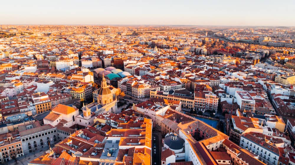 Aerial view of Madrid Royal Palace at sunset. Architecture and landmark of Madrid. Cityscape of Madrid,Popular tourist attraction