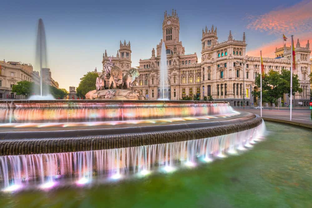 Madrid, Spain at Plaza de Cibeles at twilight.