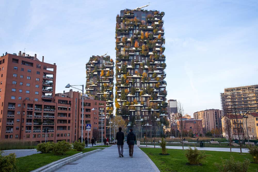 MILAN, ITALY, "Bosco Verticale", vertical forest in autumn time, apartments and buildings in the area "Isola" of the city of Milan, Italy