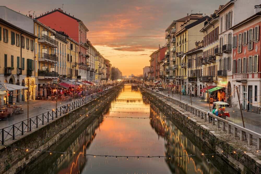 Navigli Canal, Milan, Lombardy, Italy at twilight.