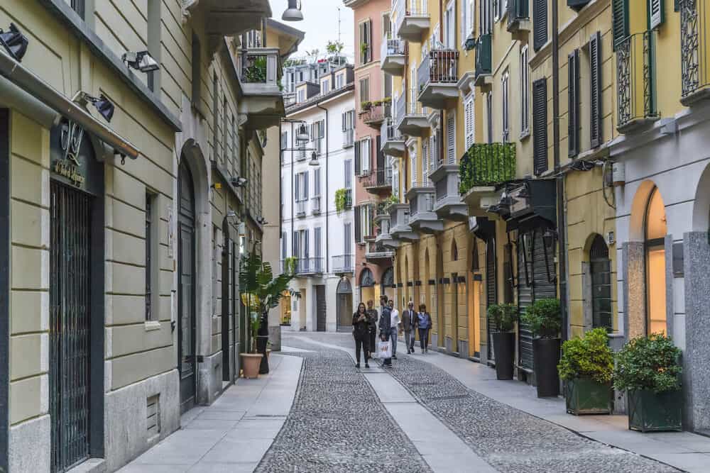 MILAN, ITALY -  This is one of the streets in the Brera district, which is one of the most popular areas of the city, in the evening.