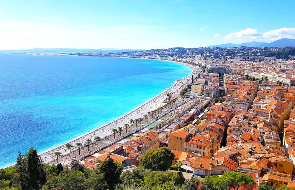 View of Nice from the Chateau hill,  Promenade des Anglais, Cote d'Azur, French riviera, Mediterranean sea, France