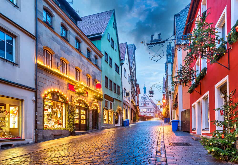 Rothenburg ob der Tauber, Christmas decorated city of Franconia, Bavaria in Germany.