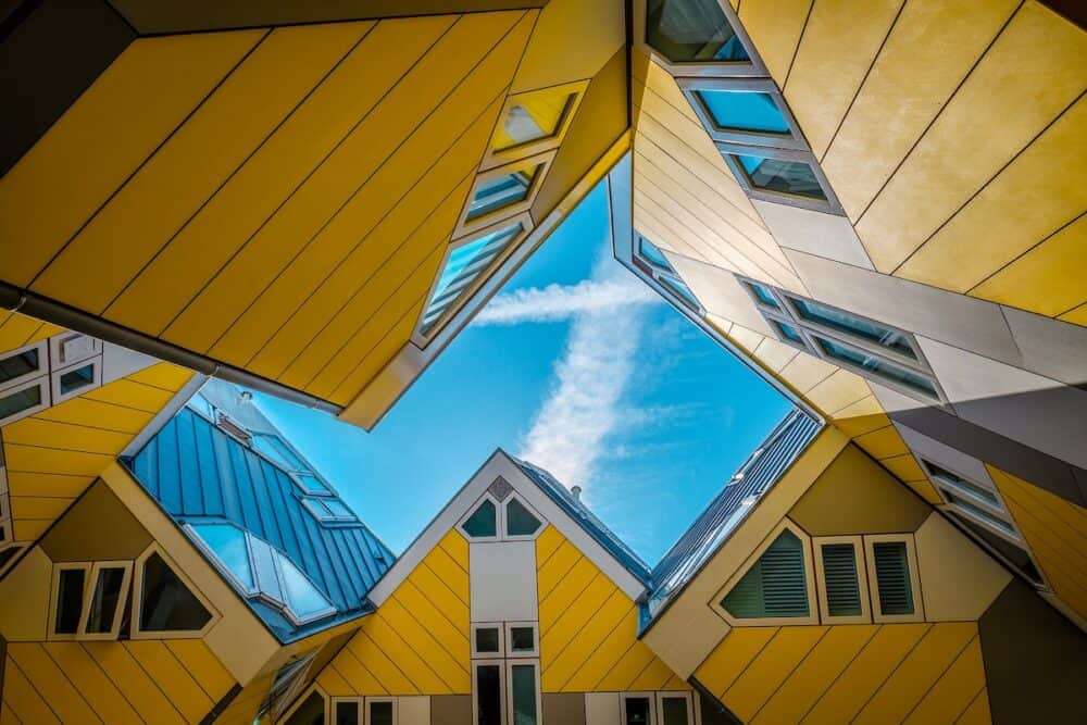 ROTTERDAM, NETHERLANDS -Cube houses - innovative cube-shaped houses designed by architect Piet Blom with idea to optimize space in Rotterdam, Netherlands now became a tourist attraction