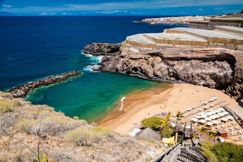 small cozy Abama beach on the west coast of Tenerife with banana plantations nearby Canary islands Spain