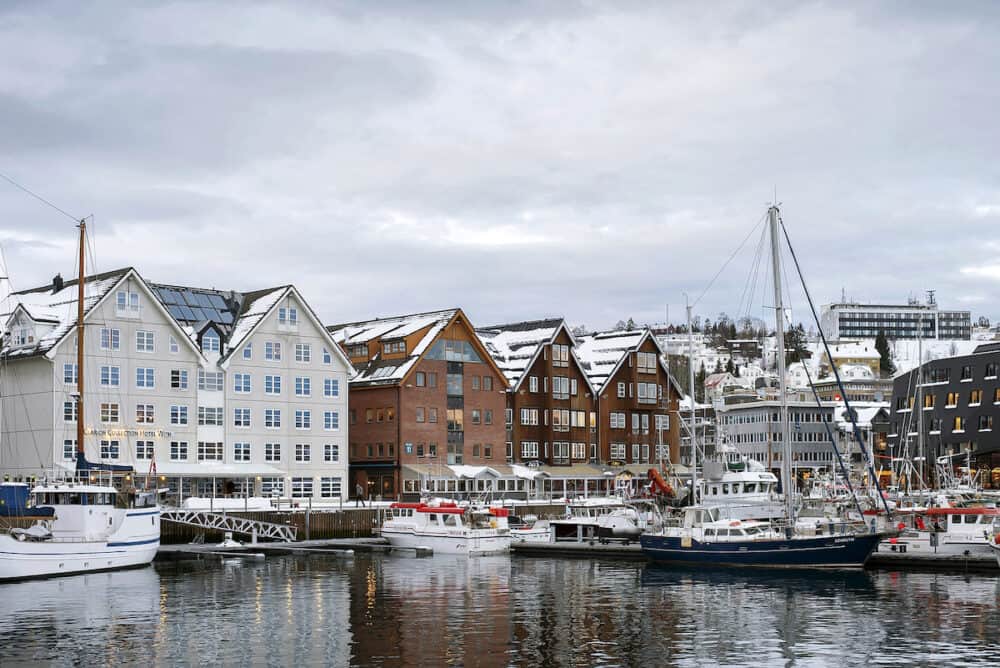 Tromso, Norway - embankment of the city of Tromso and it's marina in winter, North Norway.