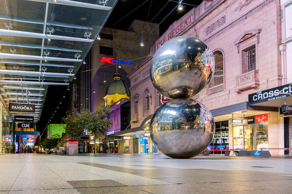 Iconic Rundle Mall Balls in Adelaide CBD from ground point of view at night