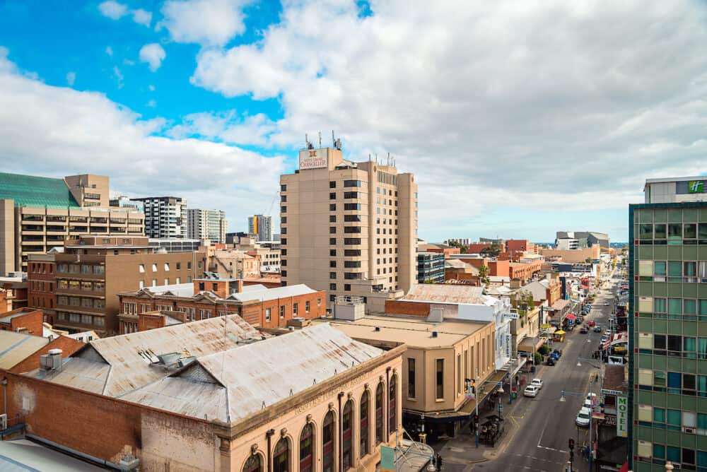 Adelaide, South Australia Rooftop view of Hindley street with cafes and restaurants in CBD on a day looking west