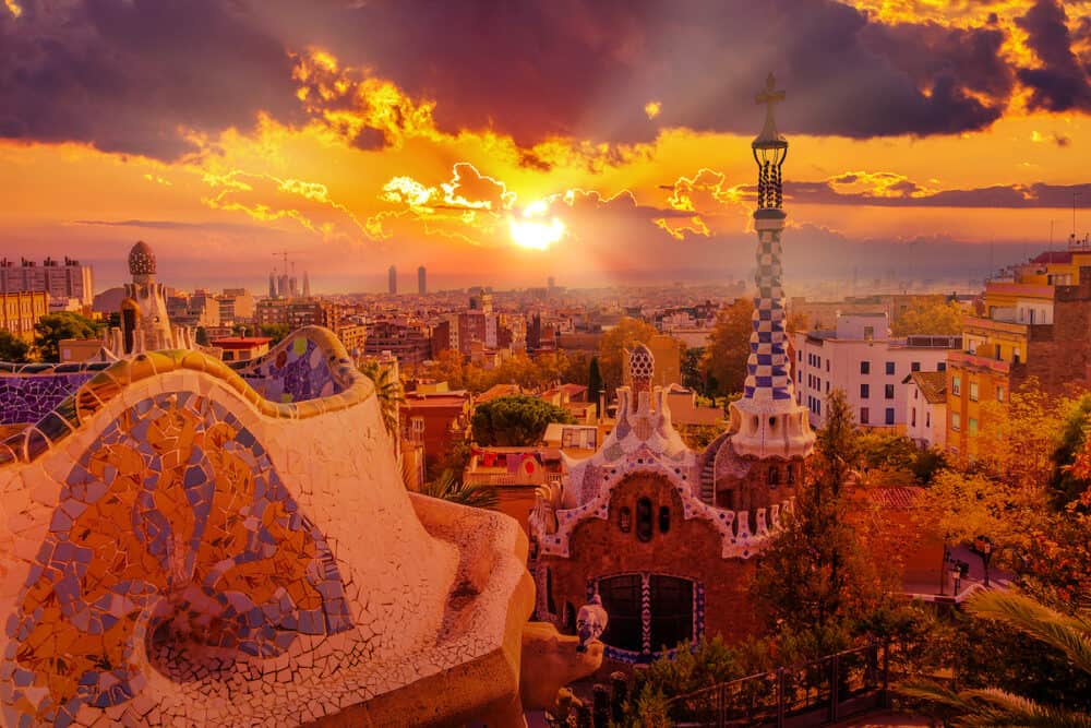 Panoramic view of Park Guell in Barcelona at sunset, Catalunya Spain.