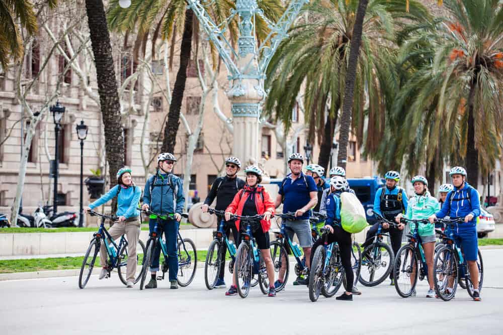 BARCELONA - People on a bike tour in Barcelona Spain