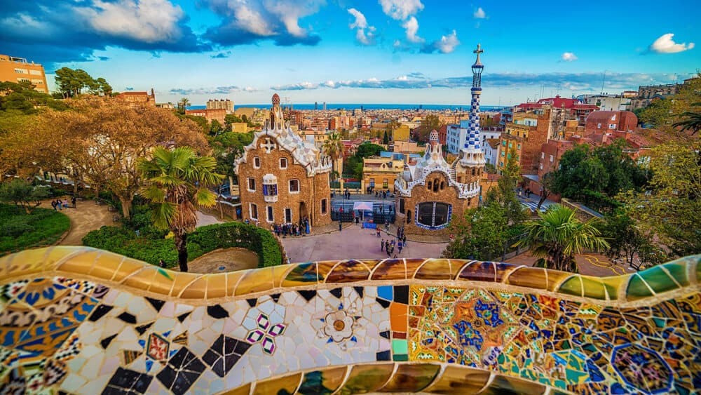 Barcelona, Catalonia, Spain: the Park Guell of Antoni Gaudi at sunset