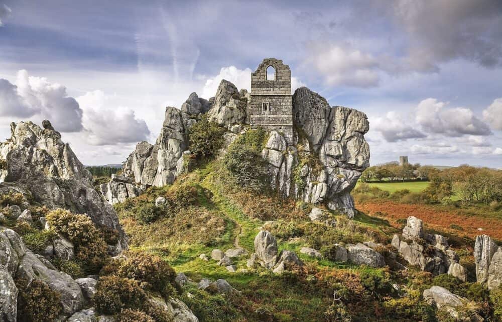 The ruins of St Michaels Chapel, a medieval hermitage on Roche Rock