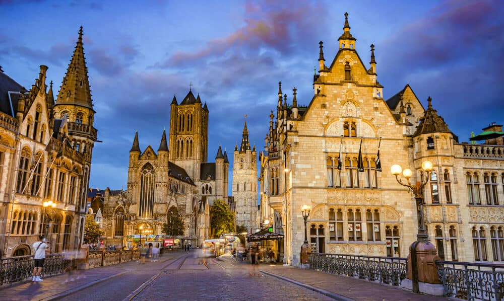 GHENT, BELGIUM -  Architecture of the historic city center of Ghent in the Flemish Region of Belgium, after sunset