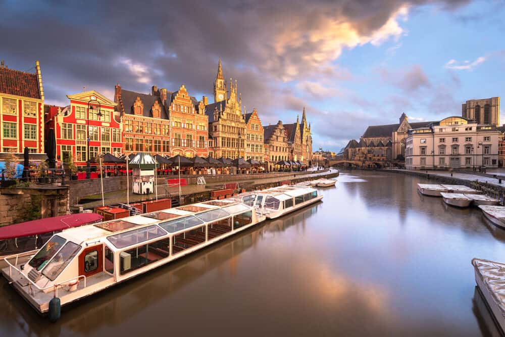 Ghent, Belgium old town cityscape from the Graslei are at dawn.