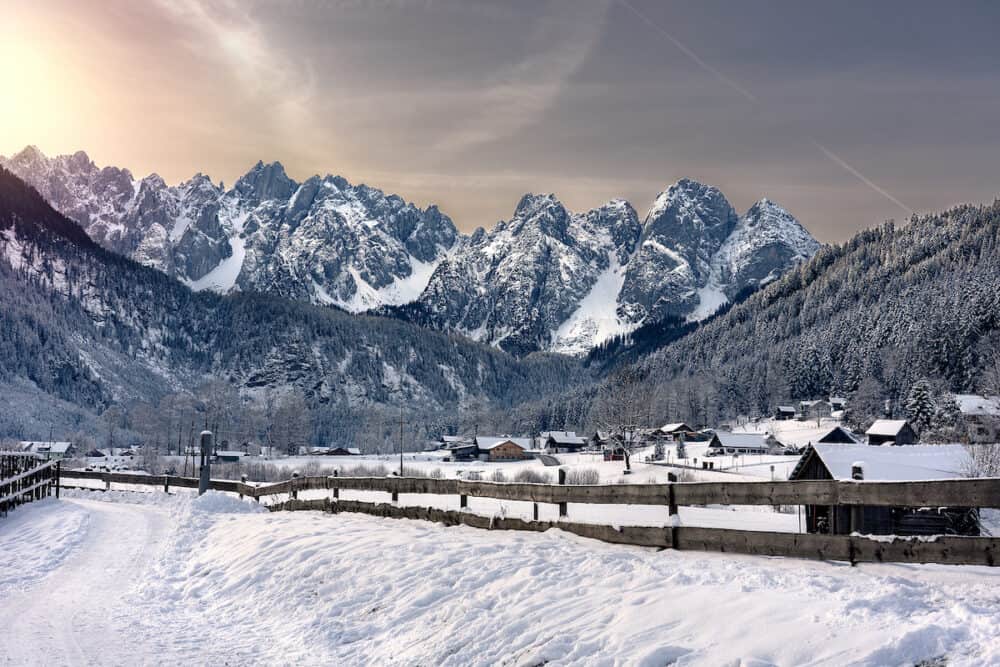 beautiful snowy winter landscape with Dachstein mountins in Gosau .