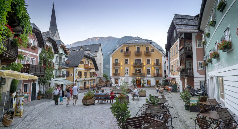 HALLSTATT, AUSTRIA -  Town square in Hallstatt, Austria. Hallstatt is historical village located in Austrian Alps at the Hallstatter lake.