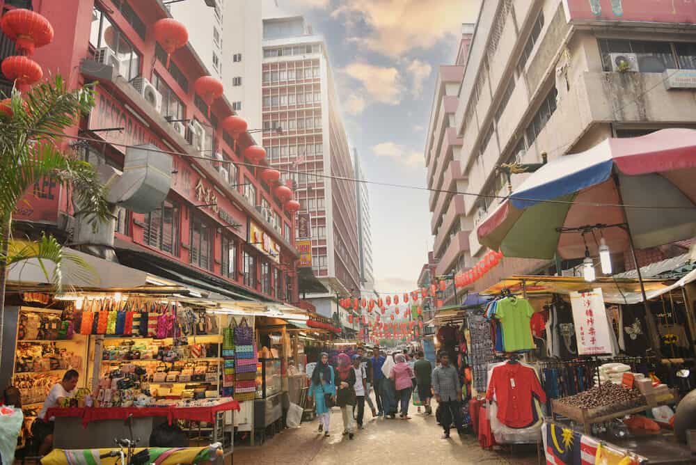Kuala Lumpur, Malaysia - Panorama of colorful market in Chinatown district on Petaling Street