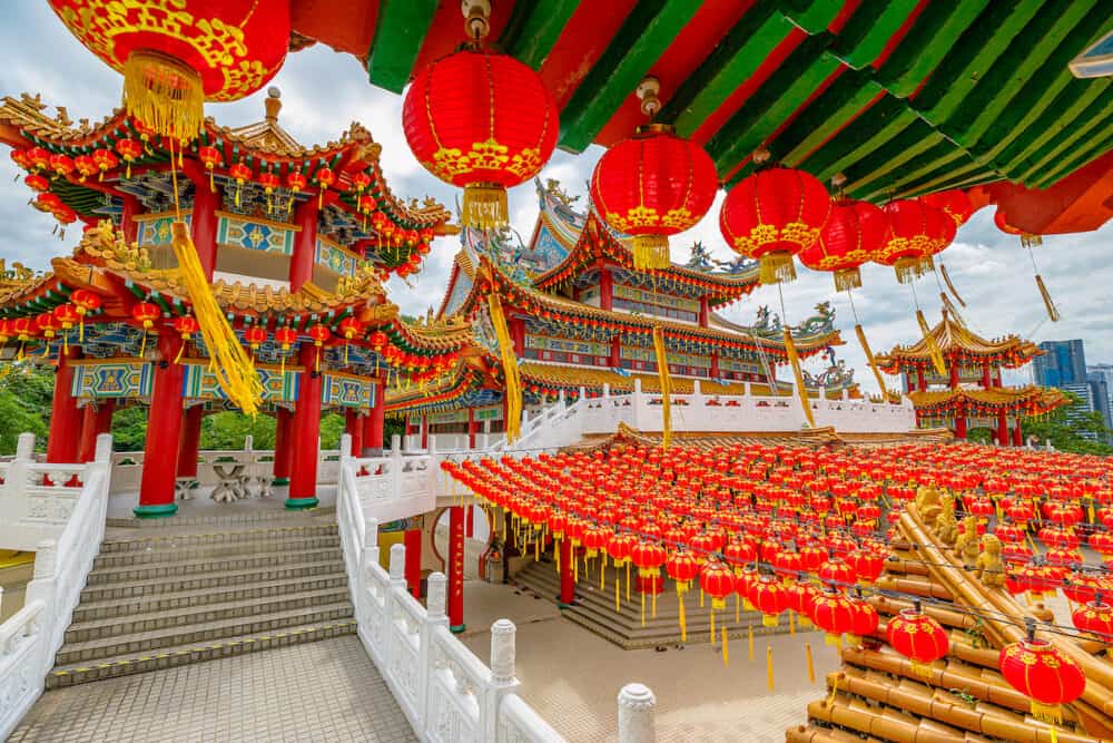 In Kuala Lumpur, Malaysia in Thean Hou Temple is adorned by Chinese lanterns. temple dedicated to Mazu sea goddess. During the Chinese New Year of water Rabbit, temple is decorated with red lanterns.