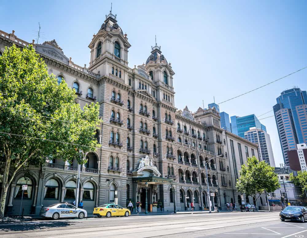 Melbourne Australia : Street view of the facade of the Windsor hotel building a luxury Victorian era grand hotel in Melbourne Victoria Australia