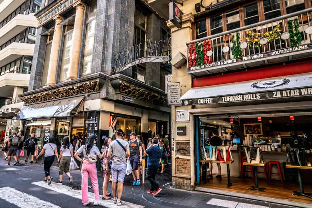 Melbourne Australia: street view of the entrance of Centre Place an iconic pedestrian laneway with people in Melbourne Australia