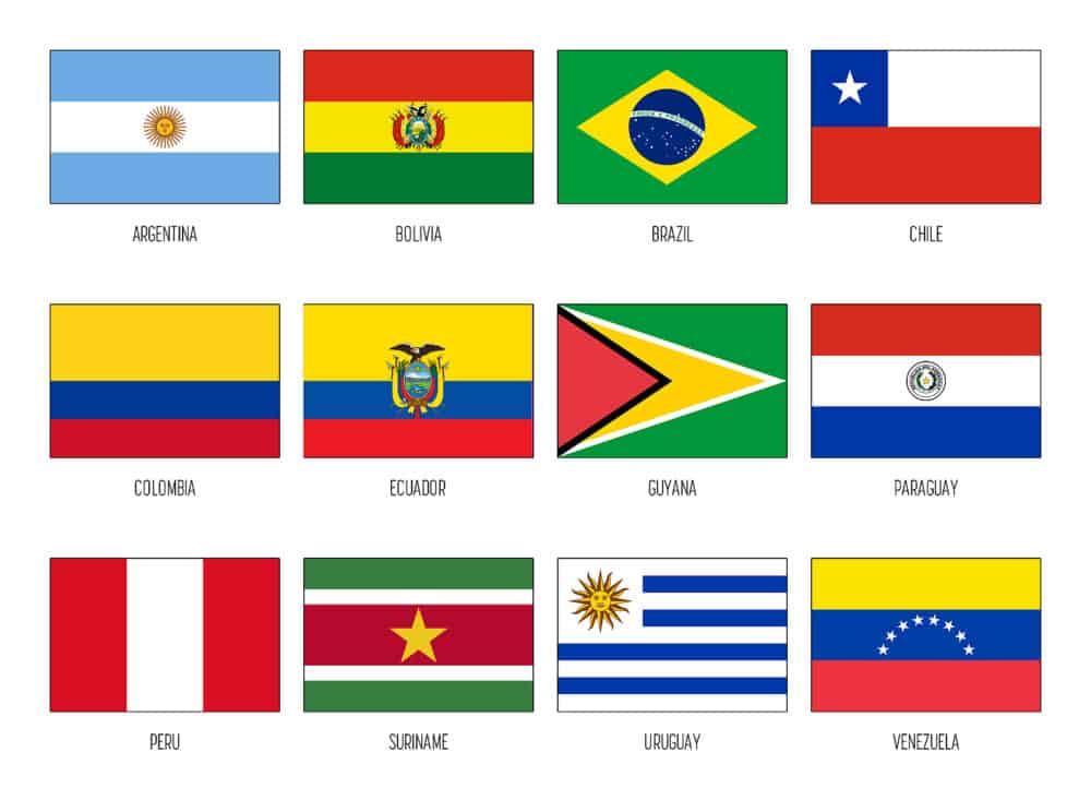 South America flag collection of all sovereign countries. 