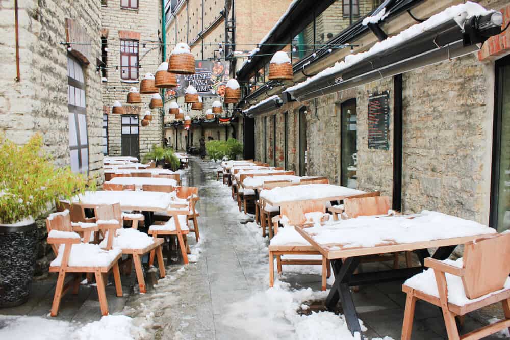 TALLINN, ESTONIA - Rotermann City Quarter with Restaurant Terrace Covered in Snow. Newly Opened Cosy Urban Environment in Historical Location. Shopping District and Hang Out Place.