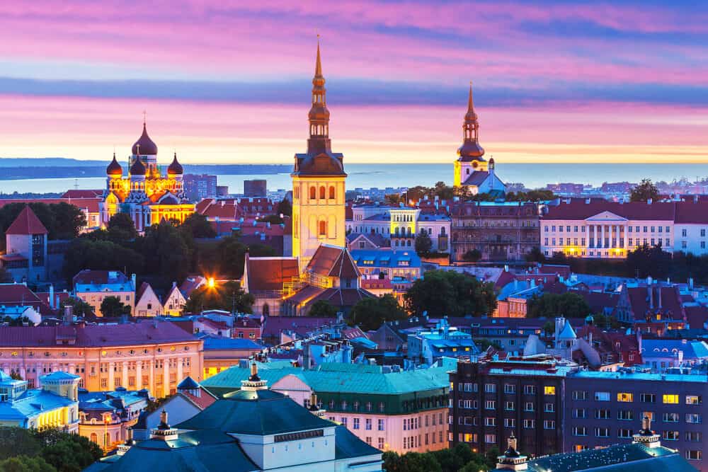 Evening scenic summer aerial panorama of the Old Town architecture in Tallinn, Estonia