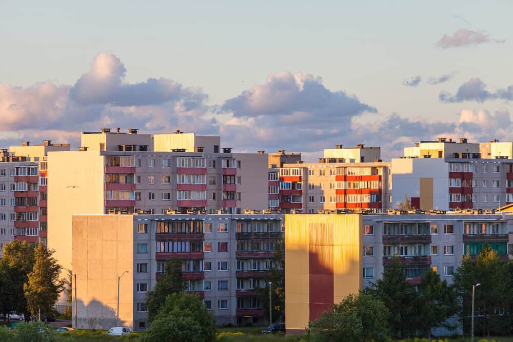 Residential high-rise buildings on sunset in Tallinn, Lasnamae
