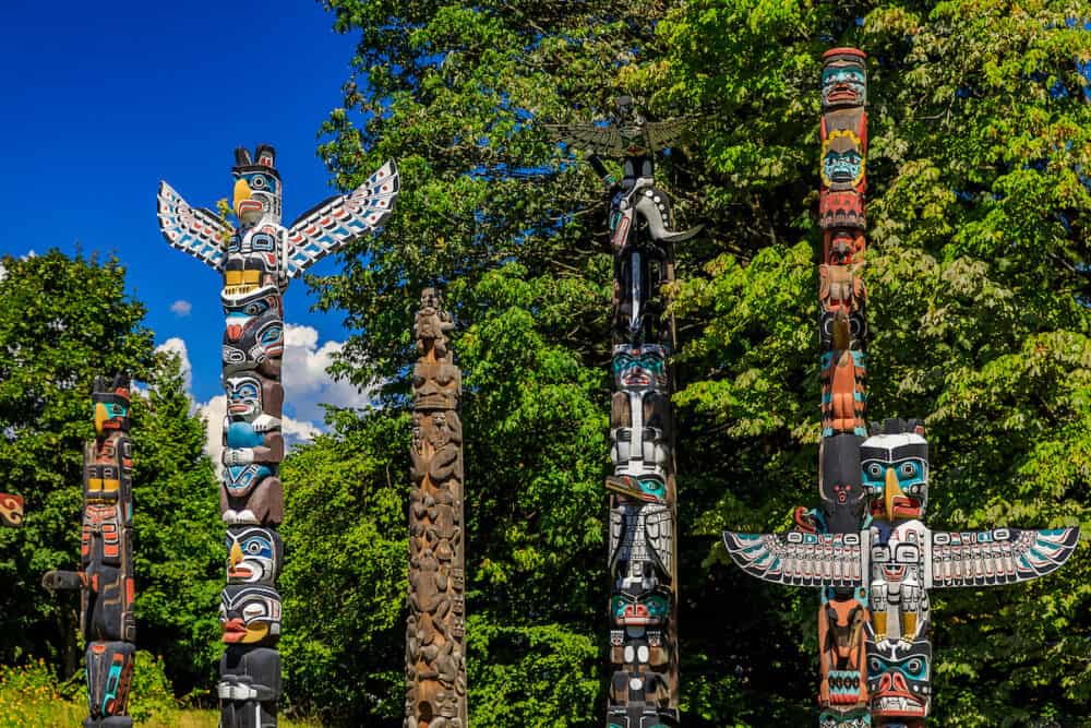First Nations American Indian totem poles at Brockton Point in Stanley Park in Vancouver, Canada