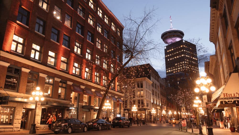 Beautiful Vancouver Gastown at night - the historic district of the city - CITY OF VANCOUVER, CANADA 