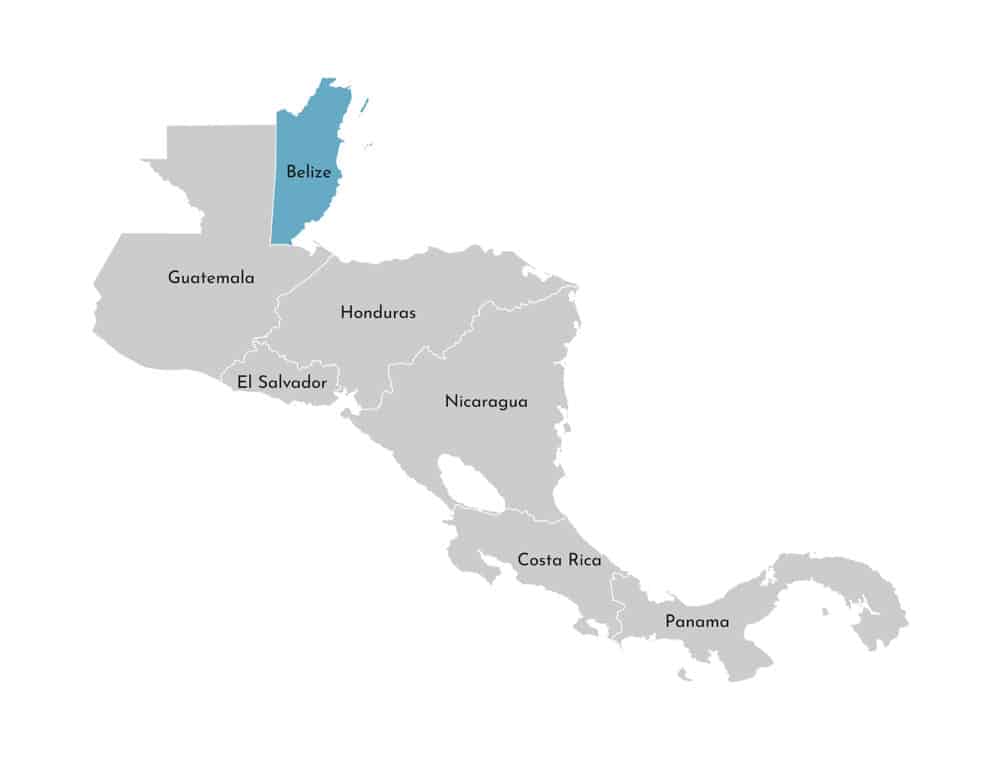 Vector illustration with simplified map of Central America region with blue contour of Belize. Grey silhouettes, white outline of states border.